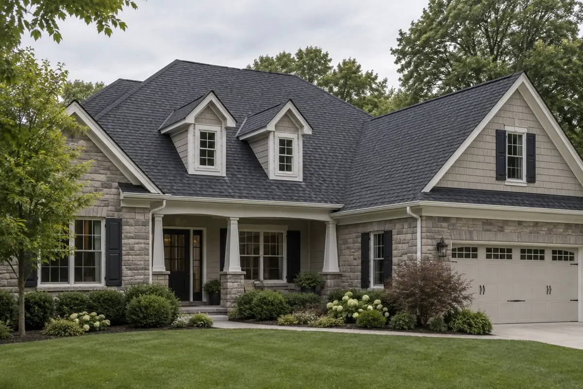 Illustrative American home with a charcoal shingle roof